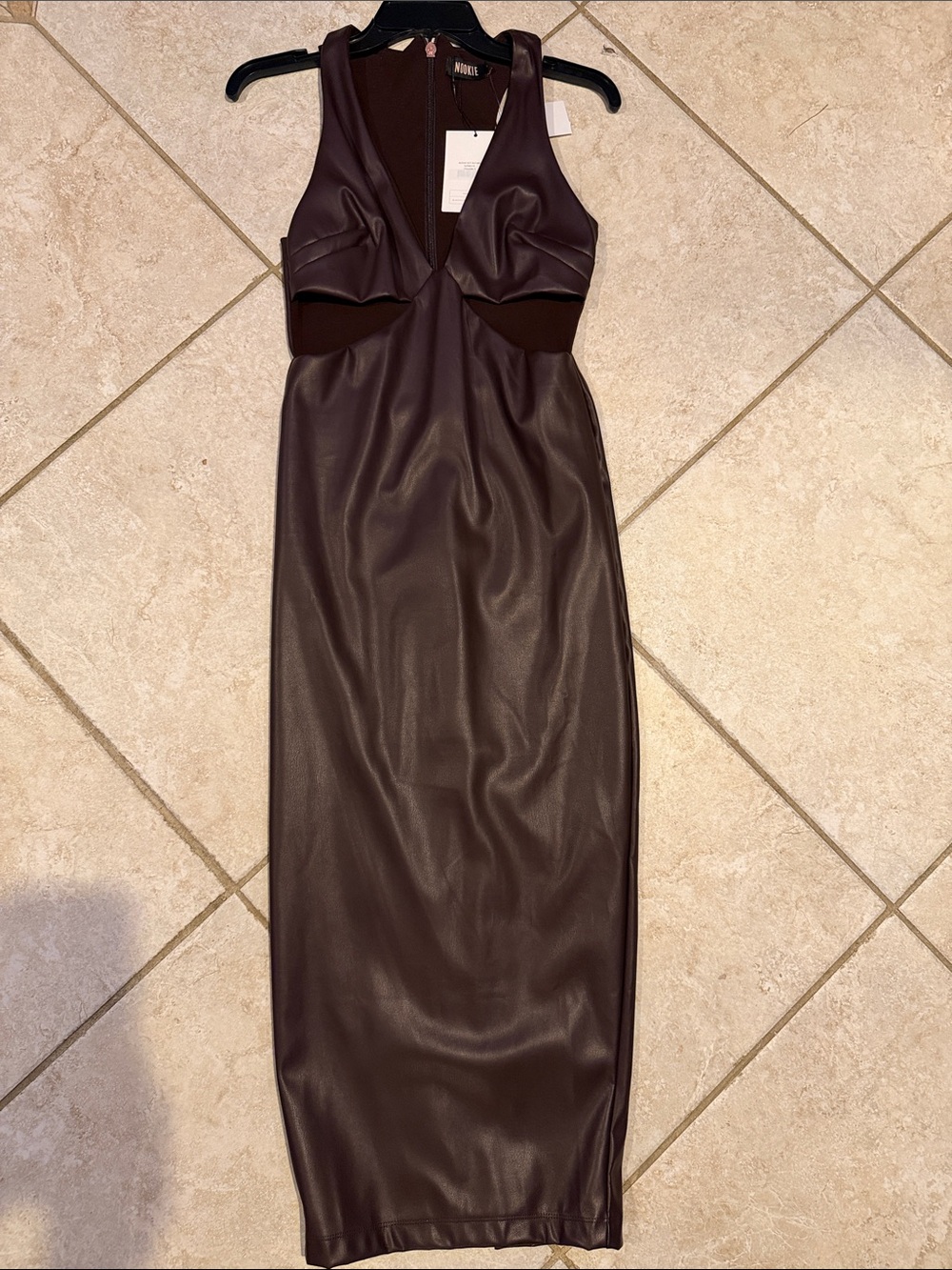 Nookie Faux-Leather Cutout Midi Dress in Dark Brown